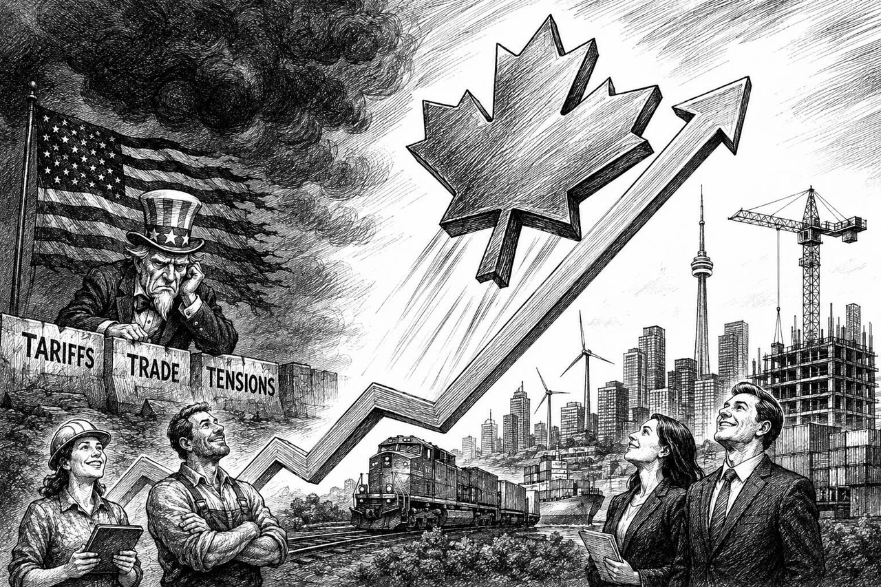 Black-and-white editorial cartoon illustrating Canada's economy surging despite the U.S. trade war