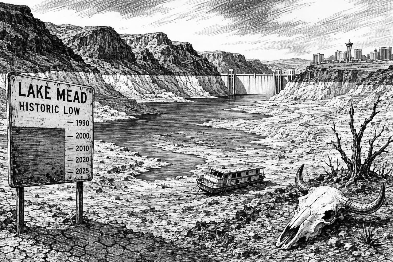 Black-and-white editorial cartoon depicting Lake Mead at historic low water levels amid a scorched Colorado River landscape